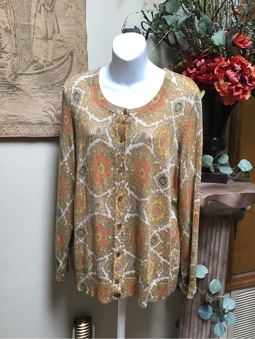 Talbots Olive and Orange Patterned Button-Front Top